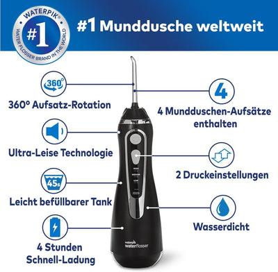 Waterpik Kabellose Munddusche Advanced, 4 Aufsätze, Druckbereich 3,1-5,2 bar, 3 Druckeinstellungen,