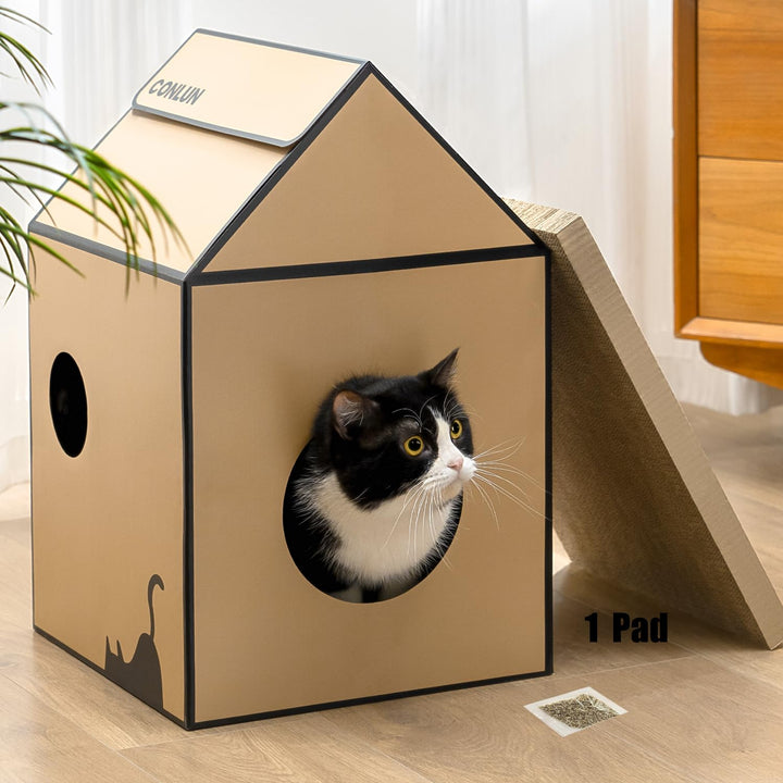 Conlun Katzenhaus mit Kratzbrett &amp; Katzenminze, Leicht zu Montieren - Kratzhöhle für Wohnungskatzen,