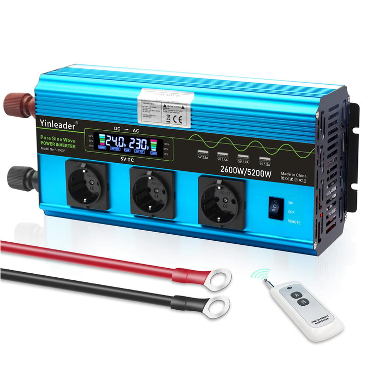 Yinleader 2600W /5200W Wechselrichter 24V auf 230V Reiner Sinus Spannungswandler mit LCD-Display, 3