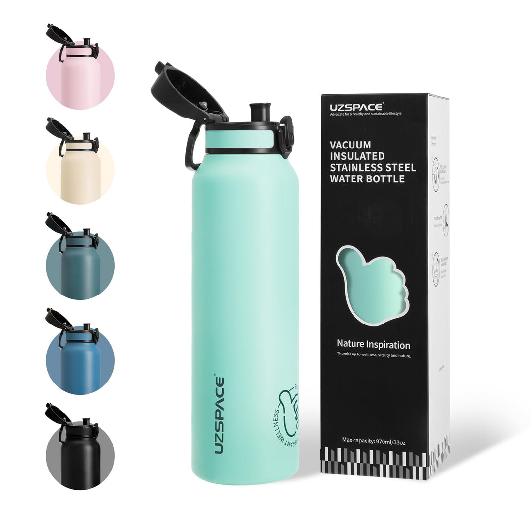 UZSPACE Edelstahl Trinkflasche 1l (970ml), Isolierte Thermosflasche mit 1-Klick-Öffnung, 100% Auslau