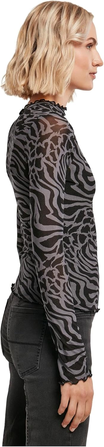Urban Classics Damen Ladies AOP Mesh Turtleneck Longsleeve XS Asphalt/Black, XS Asphalt/Black