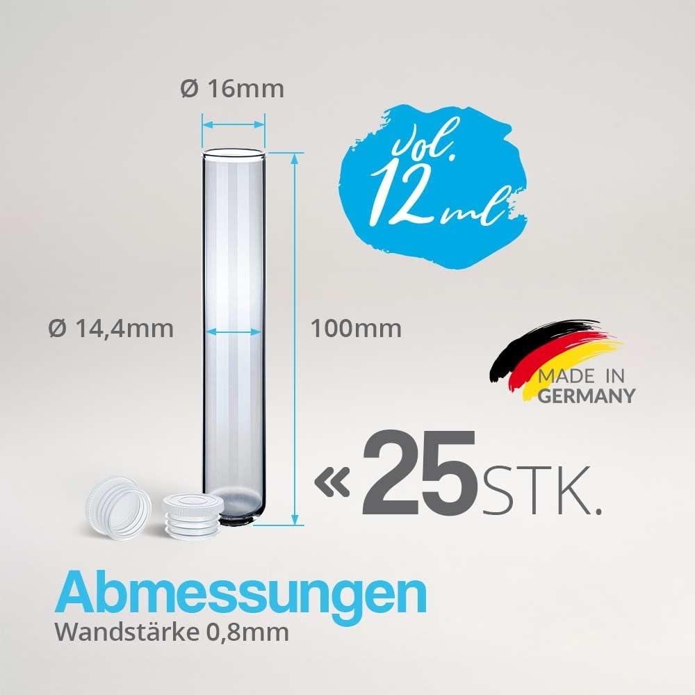 Tuuters Glas Reagenzglas mit Verschluss 25 Stück - 100 x Ø16mm Glasröhrchen | Reagenzgläser mit Deck