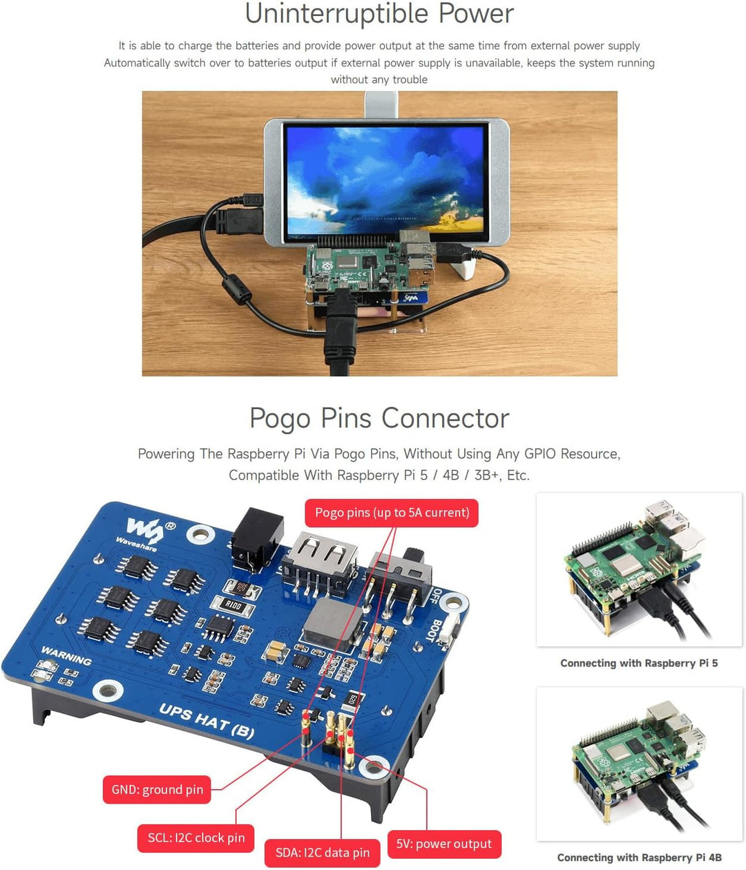 Waveshare UPS Hat (B) for Raspberry Pi 5V Uninterruptible Power Supply 5A High Current with Pogo Pin