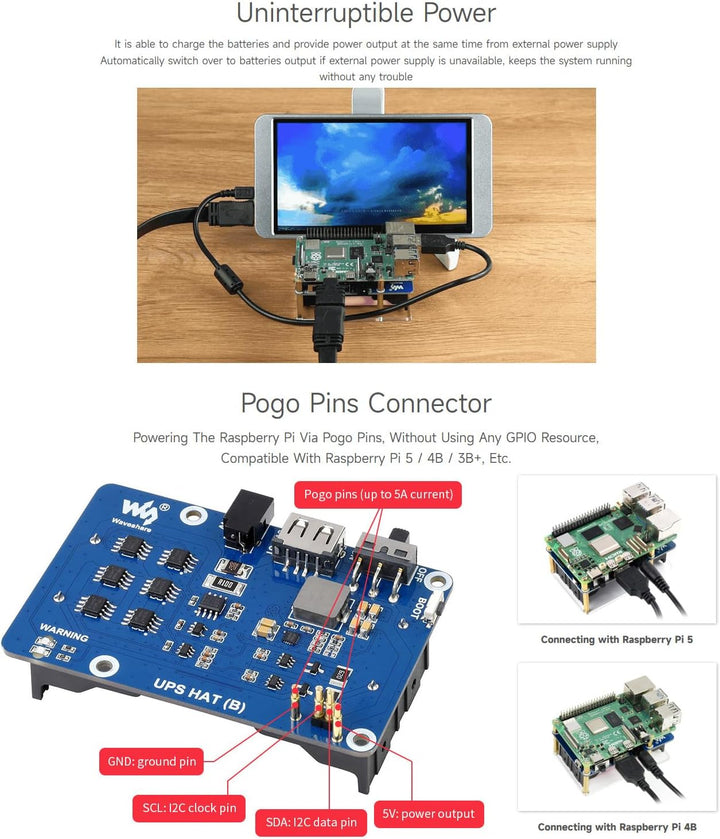 Waveshare UPS Hat (B) for Raspberry Pi 5V Uninterruptible Power Supply 5A High Current with Pogo Pin