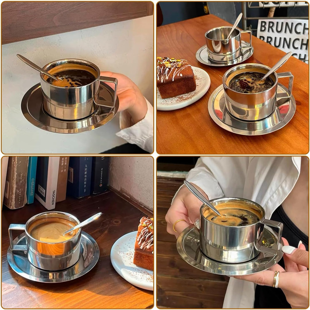 4 Stück Edelstahl Kaffeetassen Set 200ml Doppelwandig Kaffeetassen Metall Espresso Tasse Espressotas