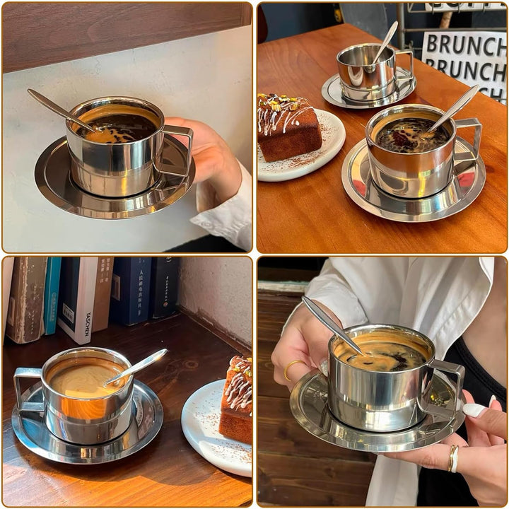4 Stück Edelstahl Kaffeetassen Set 200ml Doppelwandig Kaffeetassen Metall Espresso Tasse Espressotas