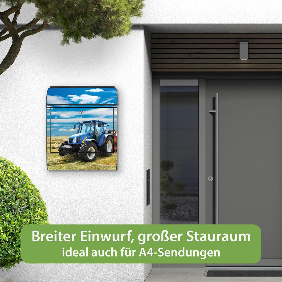 banjado® Design Briefkasten mit Motiv Traktor 39x47x14cm &amp; 2 Schlüssel - Briefkasten Stahl schwarz m