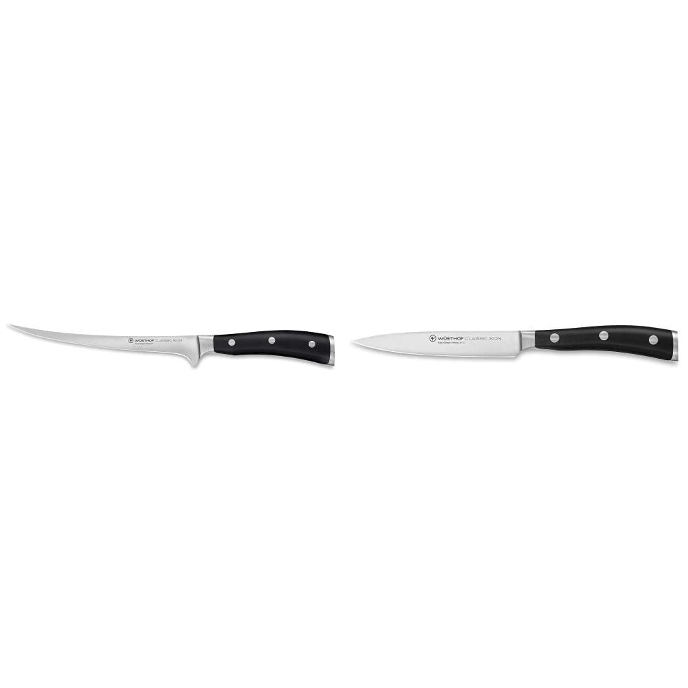 WÜSTHOF Classic Ikon Filiermesser 18 cm, Schwarz,silber & Classic Ikon Gemüsemesser 12 cm, Schwarz