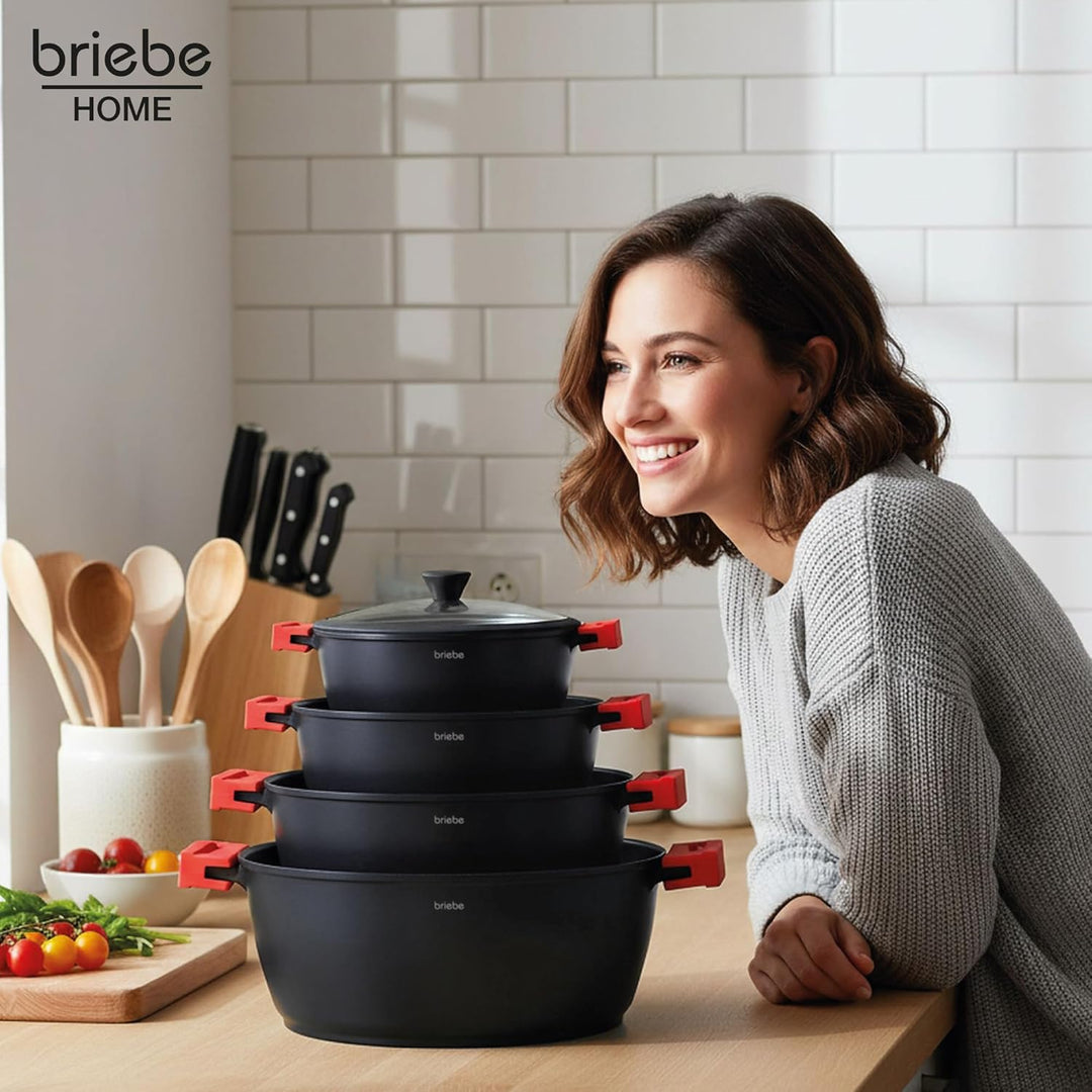 briebe Black Titanium Kochtopf Set Induktion Kochgeschirr 8-Teilig, 4 Töpfen aus Aluminiumguss, Anti