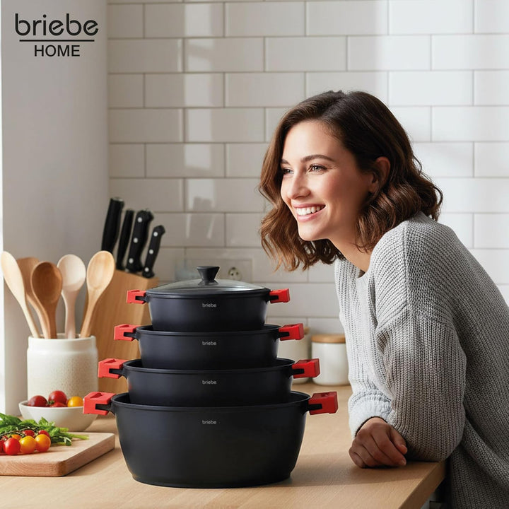 briebe Black Titanium Kochtopf Set Induktion Kochgeschirr 8-Teilig, 4 Töpfen aus Aluminiumguss, Anti