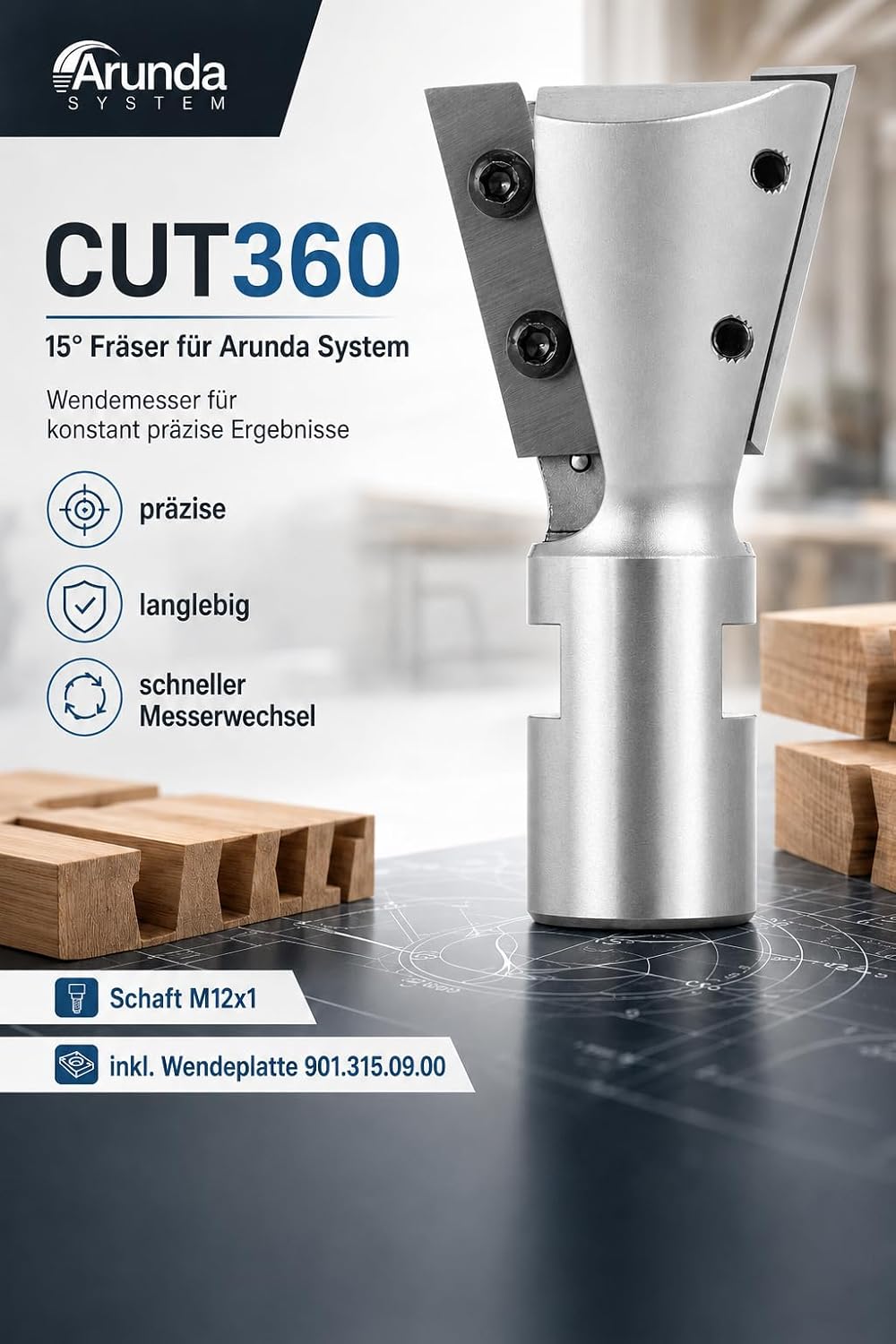 Zinkenfräser 15° mit Wendemesser für Arunda System - 15° Schneide 2, Hartmetall Ø 40 - Rechts - 31,5