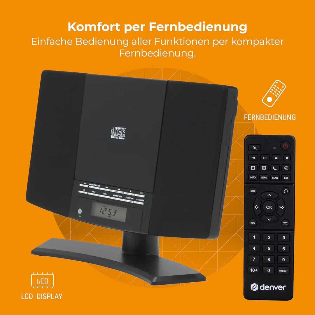 Denver Musik-Center (vertikaler CD-Player mit LCD-Display, AUX-In, Wandhalterung, Weckerradio) schwa