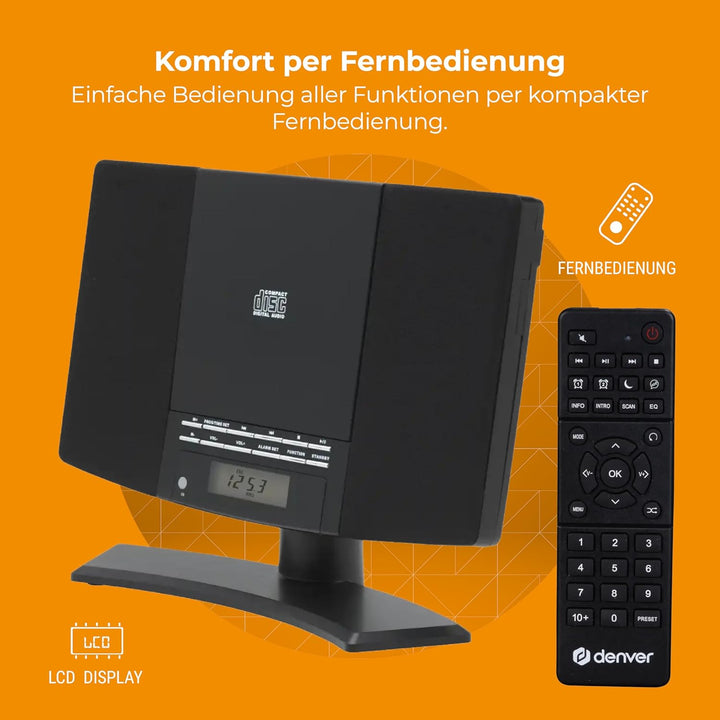 Denver Musik-Center (vertikaler CD-Player mit LCD-Display, AUX-In, Wandhalterung, Weckerradio) schwa