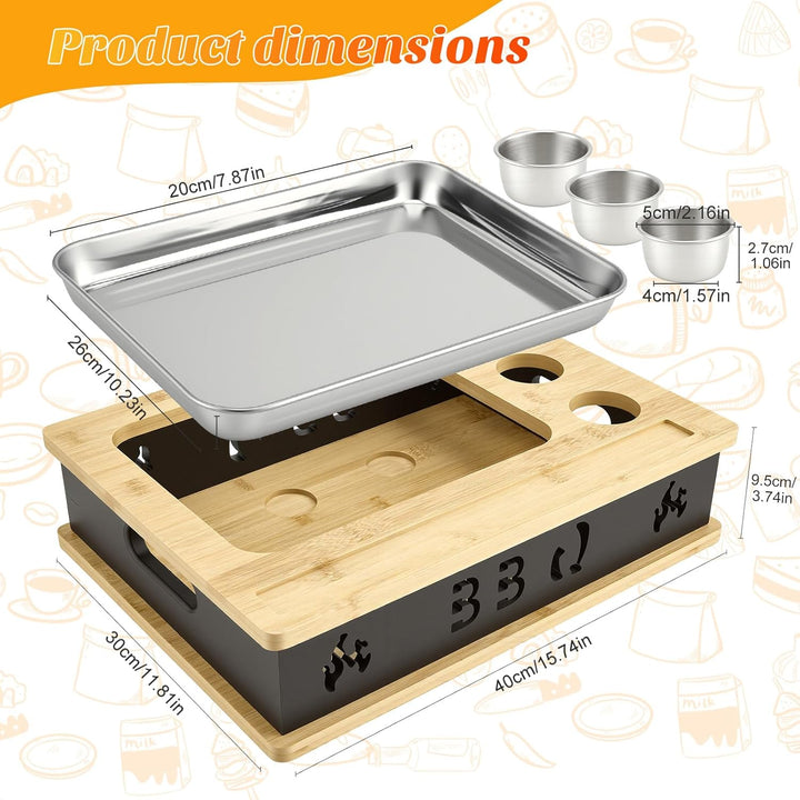 Warmhalteplatte Grillgut, Holz Speisenwärmer mit 304 Edelstahl Grillplatte und Dip-Schale, BBQ Fleis