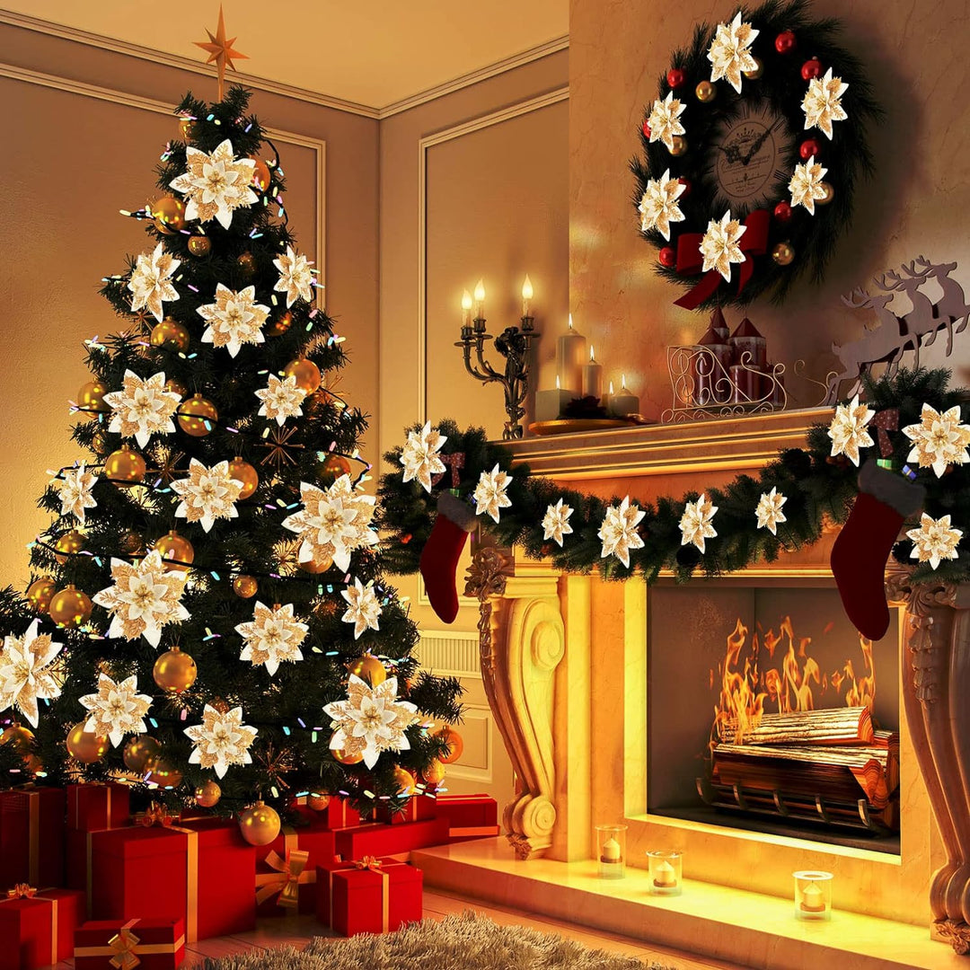 24 Glitzer Weihnachtsstern Blumen Künstliche Weihnachten Blumen Ornamente Hochzeit Blume Deko Weihna