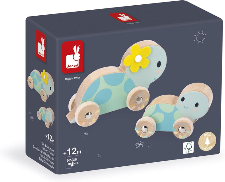 Janod J05148 Set aus 2 Holzschildkröten-Spielzeug zum Rollen-Geräuscharme Räder-Lernspielzeug-Förder