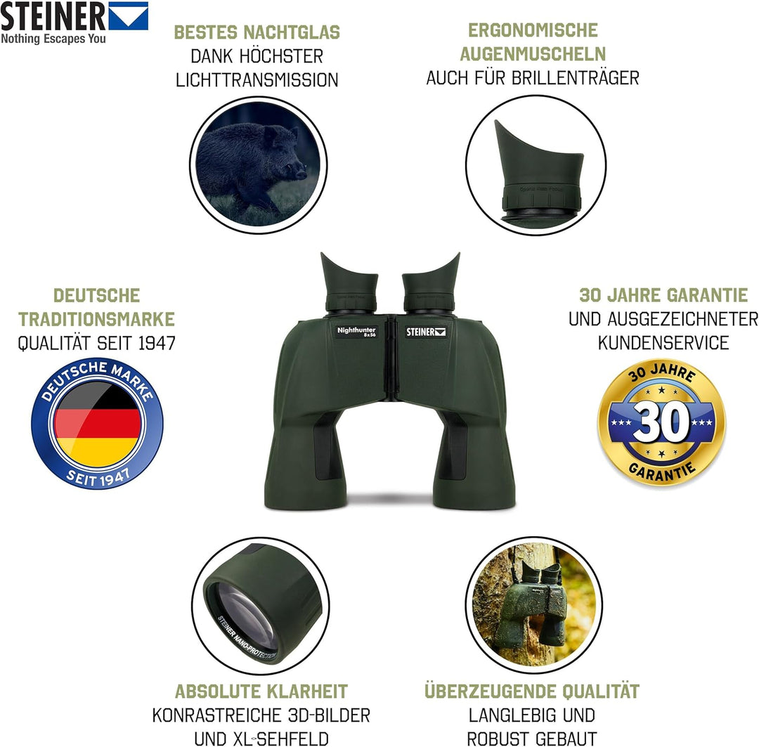 STEINER Jagd-Fernglas Nighthunter 8x56 - Deutsche Marken-Qualität, 30 Jahre Garantie, XL-Sehfeld, Te