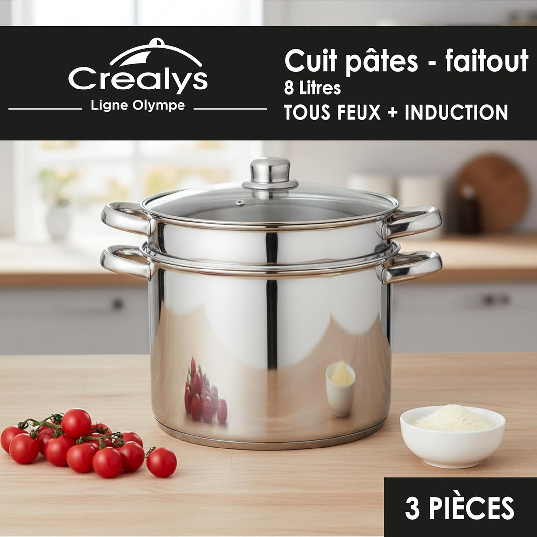 Crealys 504626 Pastatopf mit Glasdeckel, 8 l, 24 cm