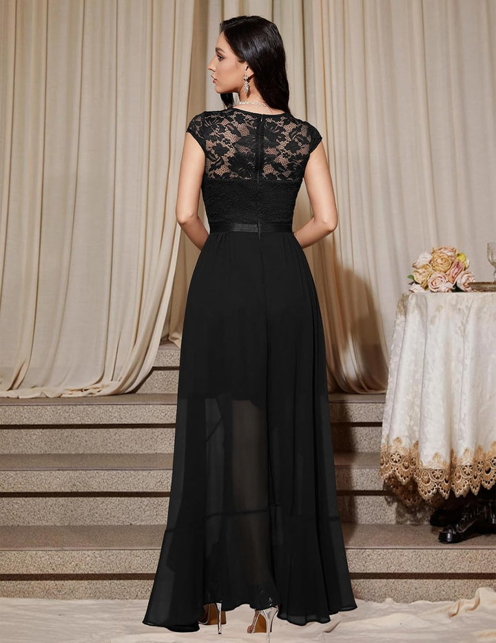 Bbonlinedress Abendkleider elegant für Hochzeit Spitzenkleid Chiffon Hi-Lo Kleid Brautjunferkleid Pa