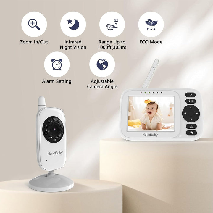 HelloBaby HB2438 Baby Monitor with Camera, Video Baby Monitor Without WiFi, 3.2 Inch Screen, Wired C