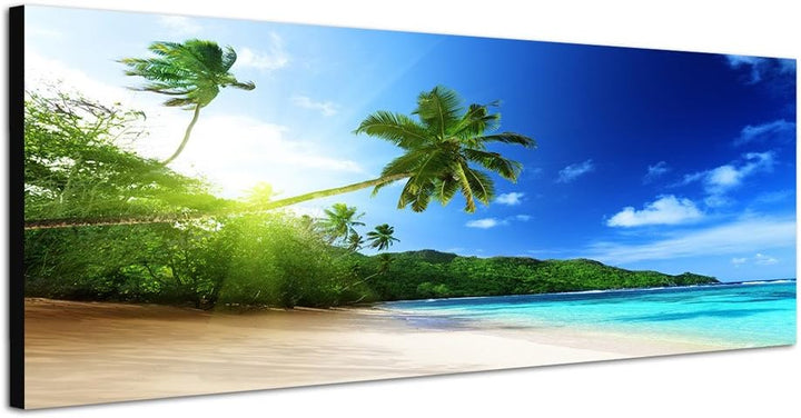Panoramabild auf Leinwand und Keilrahmen 150x50cm Seychellen Meer Strand Palmen Abendsonne