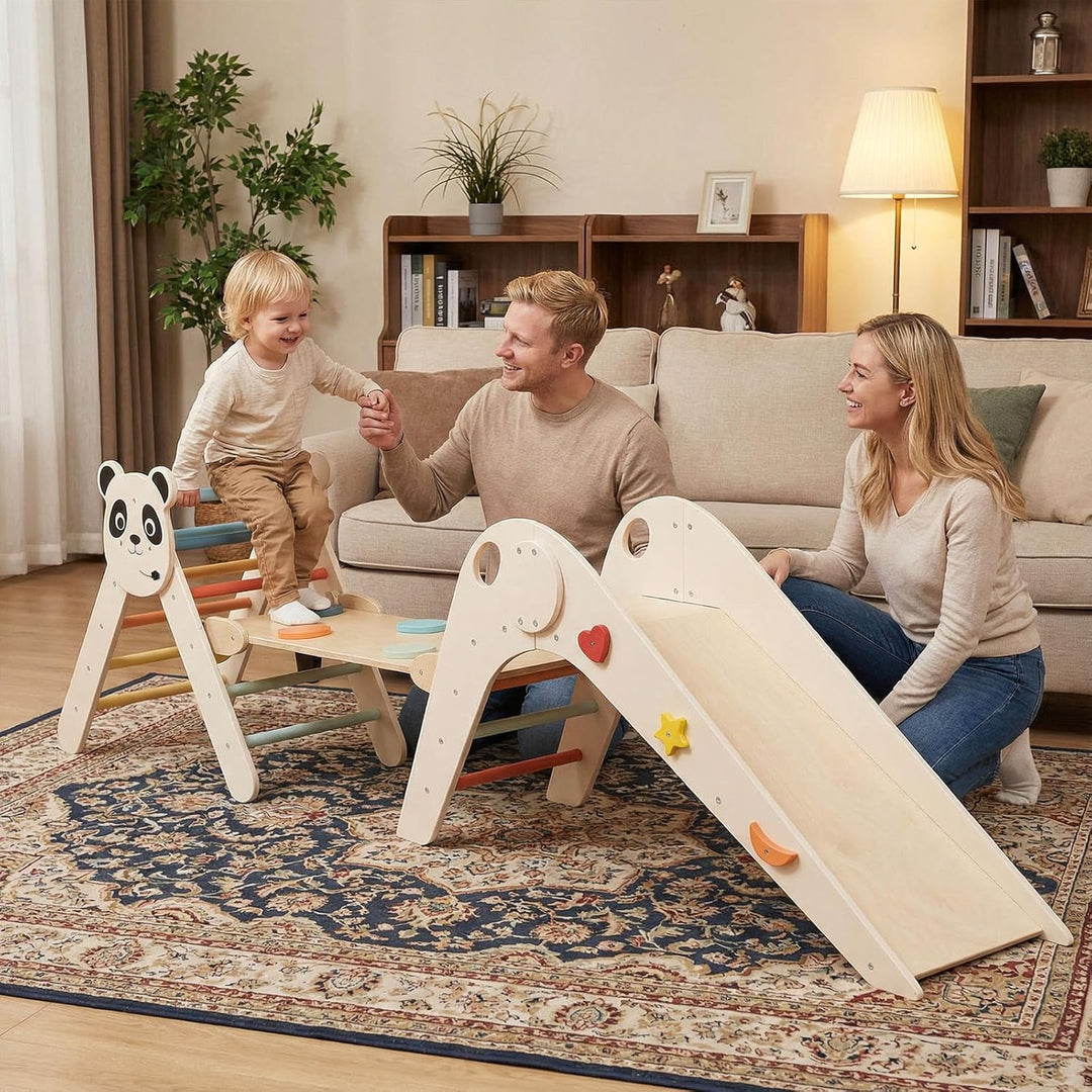 FANTASK Kletterdreiecke Indoor 3er Set, Klappbares Klettergerüst Holz mit Rutsche, Rampe & Kletterle