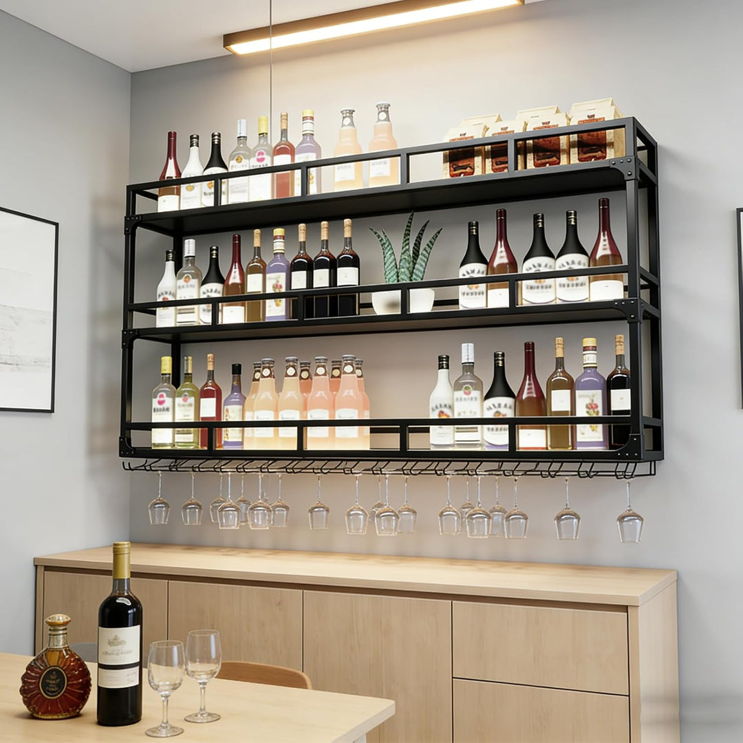 Weinregal Wand, 3 Ebenen Wand-Weinregale mit Glashalter, Multi funktionaler Weinpareite Display Rack