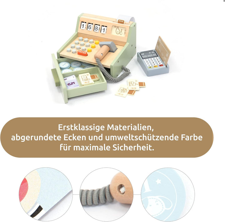 UMU® Kinder Kasse aus Holz - inkl. Zubehör (Scanner, Zahlungsterminal, Spielgeld usw.), Kaufläden &