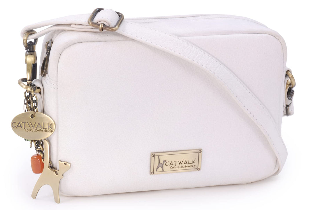 Catwalk Collection Handbags - Leder - Klein Umhängetasche Messenger/Schultertasche - POLLY Weiss, We