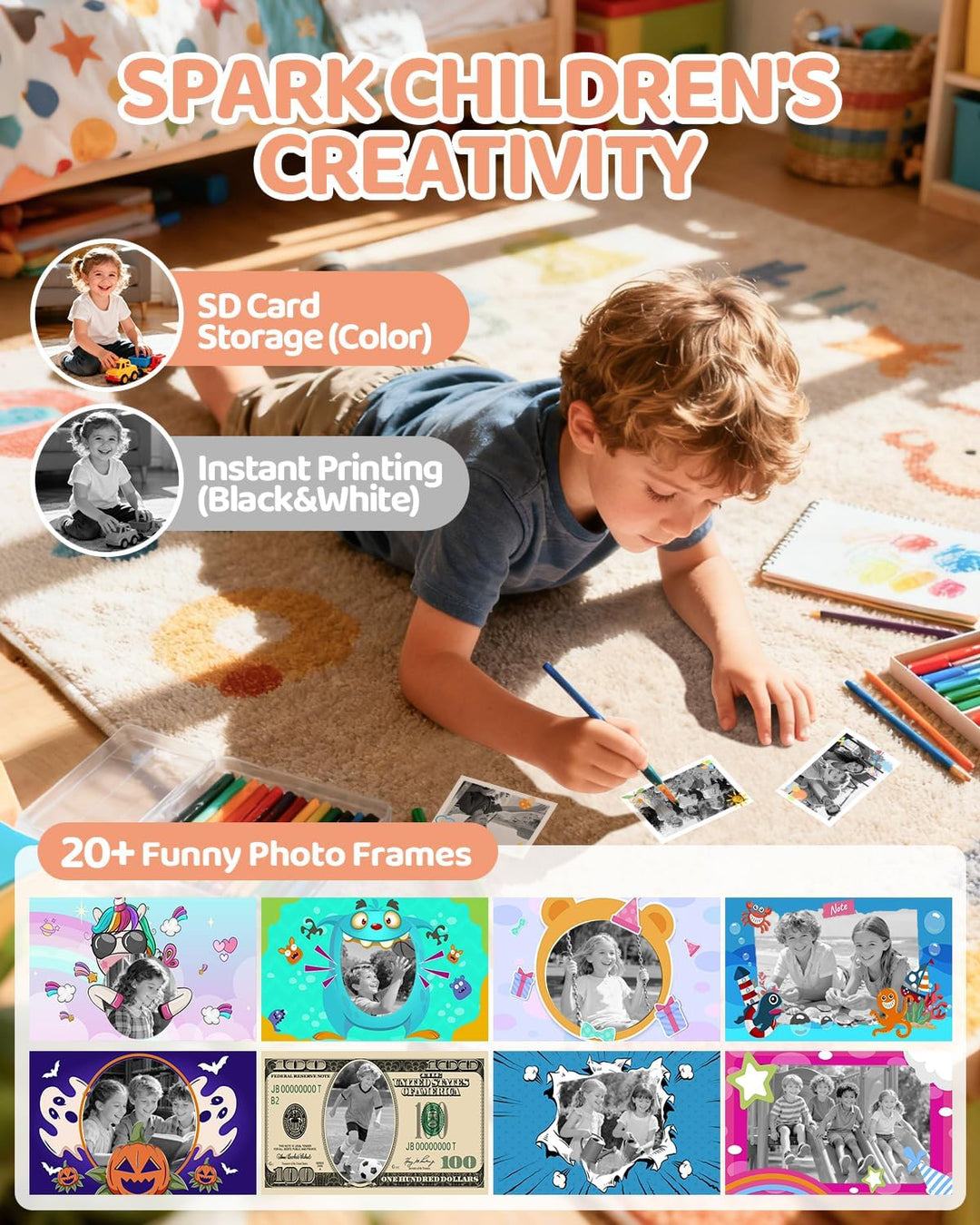 CalineGam Kinderkamera Sofortbildkamera, 1080P HD Sofortbildkamera Kinder mit 32 GB Karte und 3 Papi