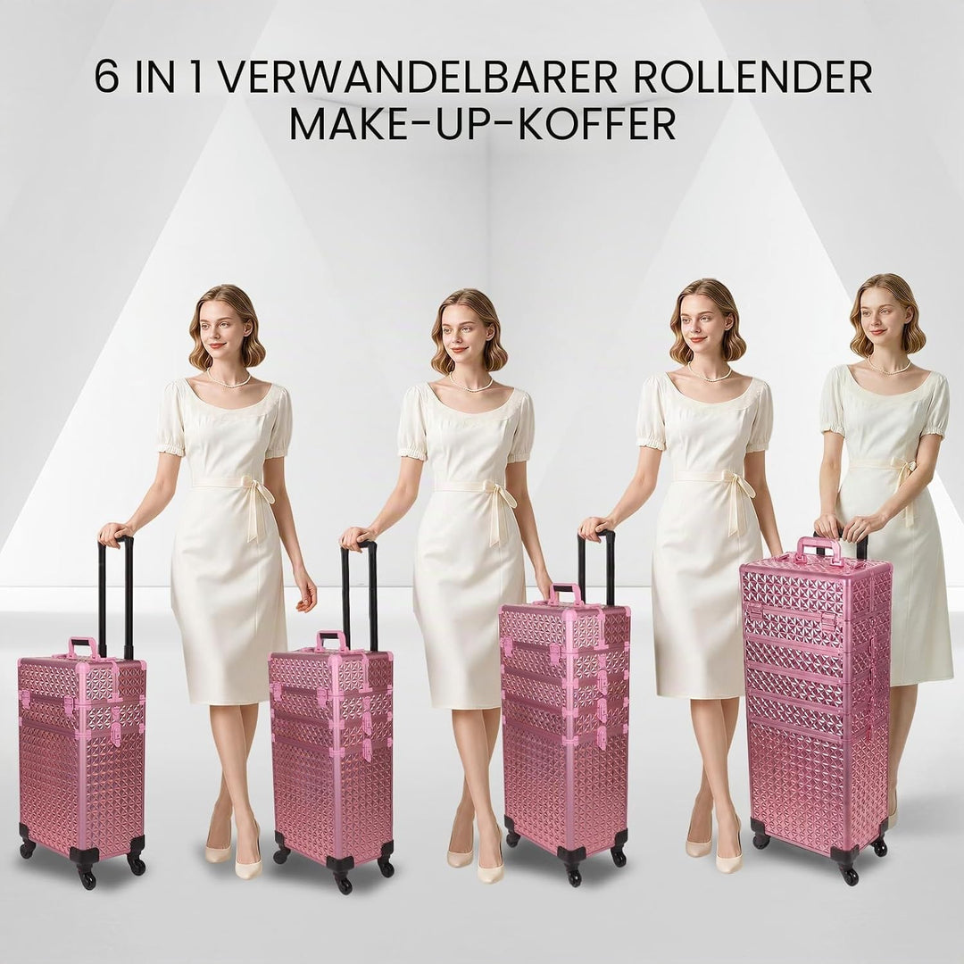 Kosmetikkoffer Trolley, 6-in-1 Schminkkoffer mit Spiegel & Schloss, Grosser Kosmetik Reisekoffer Mak