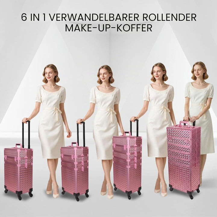 Kosmetikkoffer Trolley, 6-in-1 Schminkkoffer mit Spiegel & Schloss, Grosser Kosmetik Reisekoffer Mak
