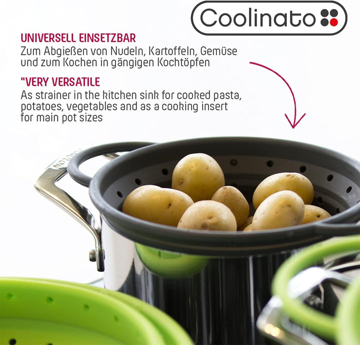 Coolinato Sieb aus Silikon 2er Set, faltbar spülmaschinenfest, Nudelsieb Abtropfsieb Dampfgar Einsat