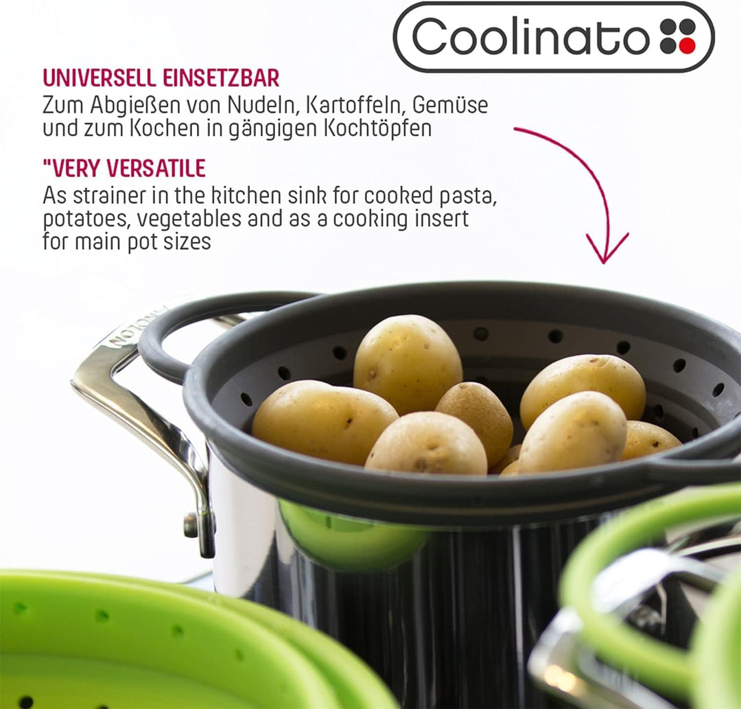 Coolinato Sieb aus Silikon 3er Set, faltbar spülmaschinenfest, Nudelsieb Abtropfsieb Dampfgar Einsat