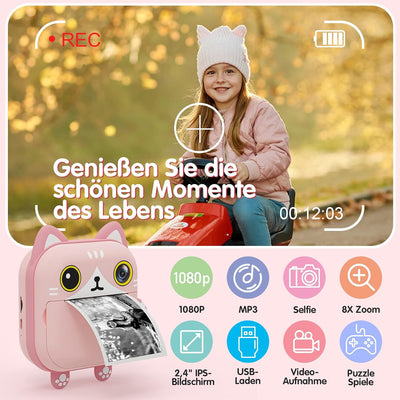 Selvim Sofortbildkamera Kinder [Pinke Katze & Mit 2 Rollen Druckerpapier], 2,4'' Bildschirm Selfie K