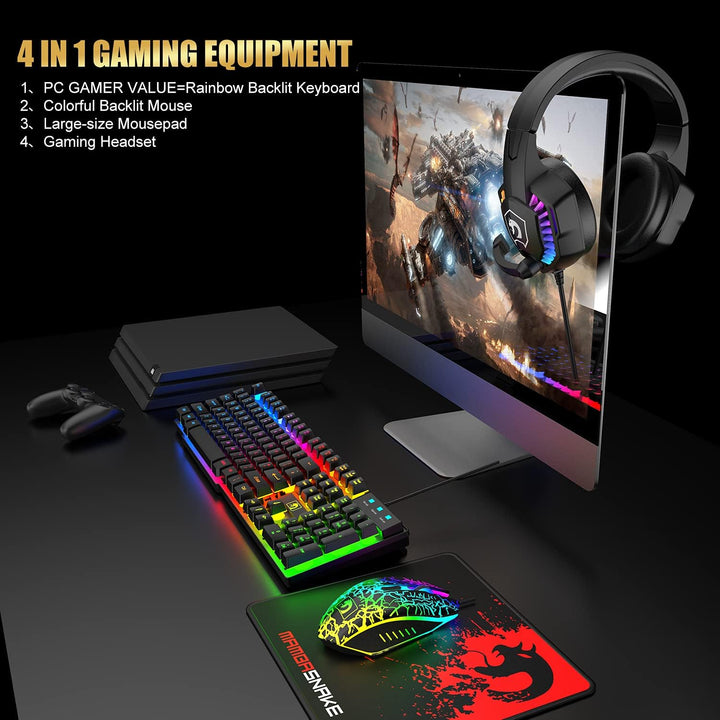 Kabelgebundene Gaming-Tastatur und Maus-Headset-Kombination, Regenbogen-LED-Hintergrundbeleuchtung,