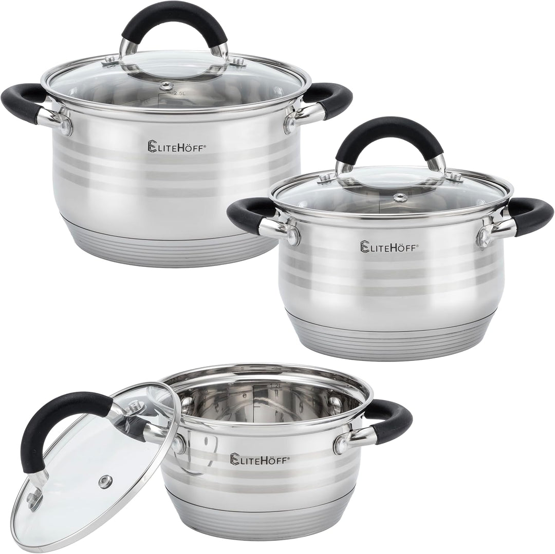 EliteHoff Topfset Induktion 12-teilig, Kochtopf Set mit Glasdeckeln und Silikongriffen, 7-lagiger Ed