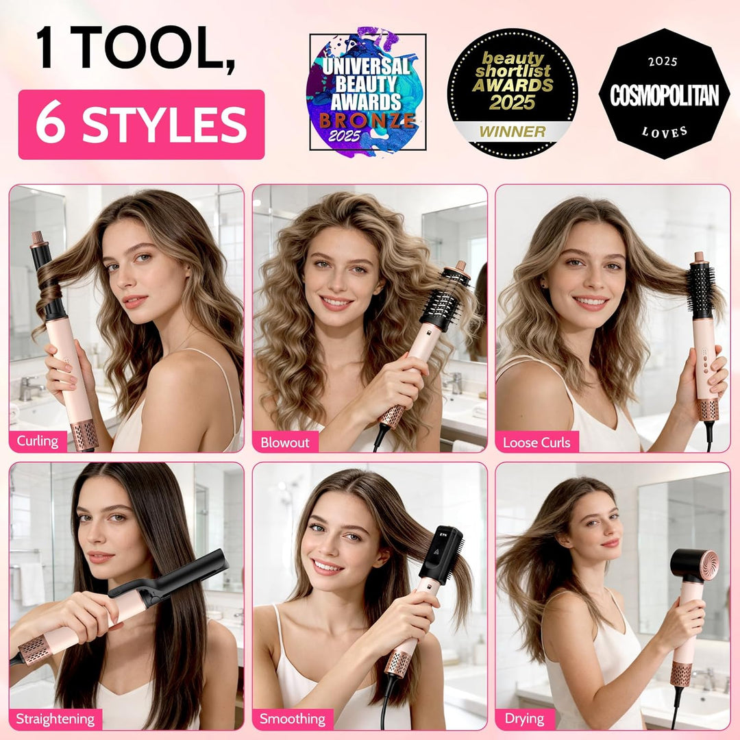 6 in 1 Hochgeschwindigkeit Hairstyler, 1400W Airstyler, Lonen Warmluftbürste, Rundbürstenföhn mit Lo