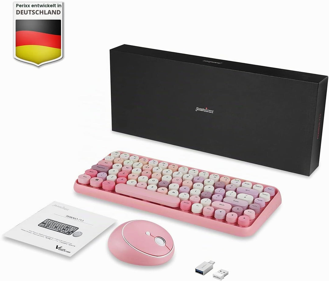 Perixx PERIDUO-713 Set mit Maus und Mini-Tastatur, kabellos, 2,4 GHz, runde Tasten, Retro-Stil, für
