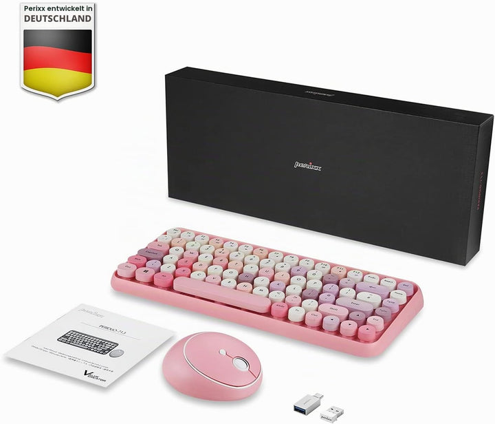Perixx PERIDUO-713 Set mit Maus und Mini-Tastatur, kabellos, 2,4 GHz, runde Tasten, Retro-Stil, für