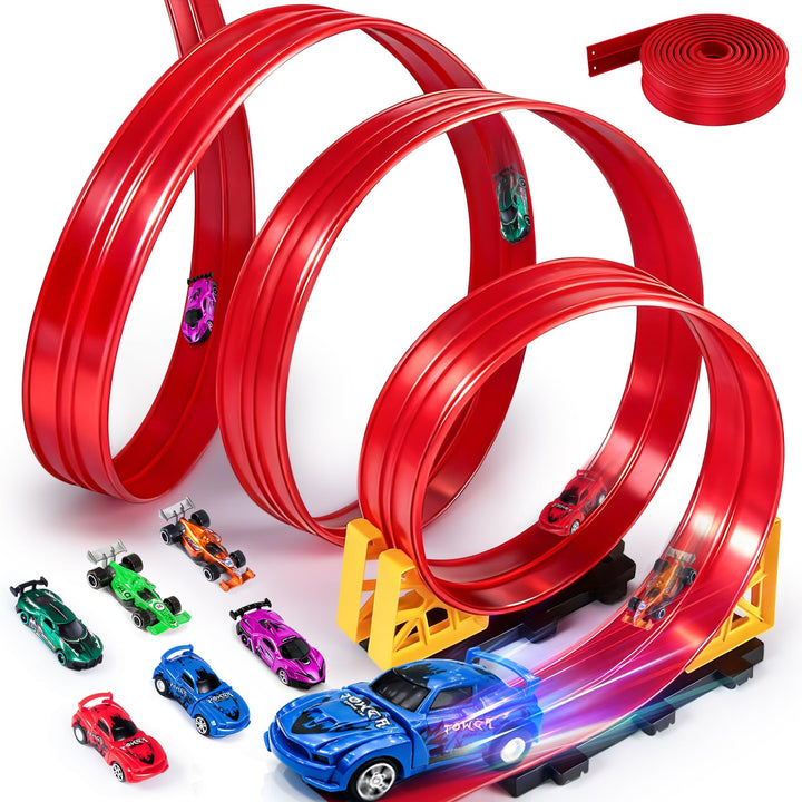 Autorennbahn Kinder, 500CM Rennbahn Rennstrecke Flexible Rennstrecke Kinder mit 6 Kleinwagen Aufbewa