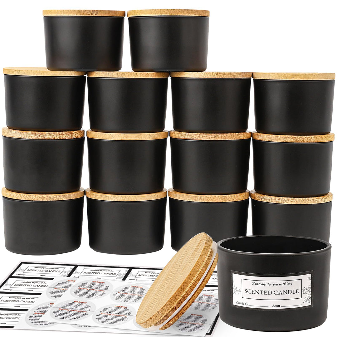 CONNOO 15 Stück 120ml Mattschwarze Glas-Kerzengläser mit luftdichten Bambusdeckeln zum Kerzenmachen,