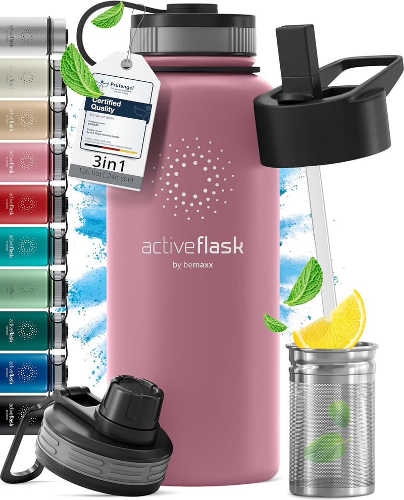Trinkflasche Edelstahl ACTIVE FLASK + Strohhalm (3 Deckel) BPA-frei, Auslaufsicher, Kohlensäure geei