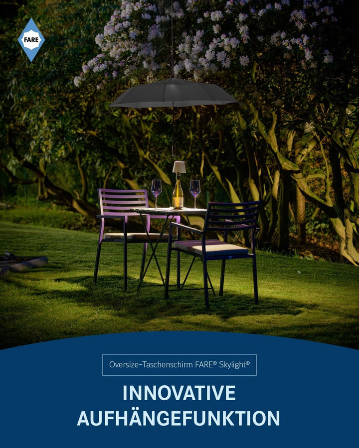 FARE Oversize-Taschenschirm Skylight (schwarz) - Effektvoller Regenschirm mit LED-Innenbeleuchtung u