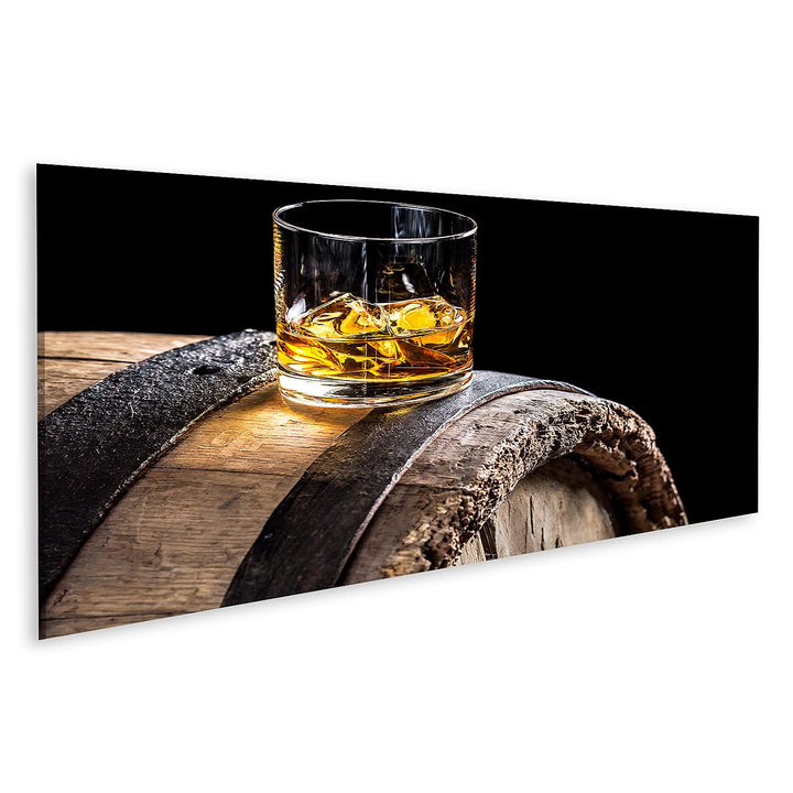 islandburner Bild auf Leinwand Glas Whisky Mit EIS Auf Alten Eichenfass Bilder Wandbilder Poster Lei