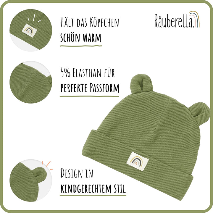 Räuberella® Baby Geschenk zur Geburt + Karte und Geschenkverpackung Strampler, Mütze und Lätzchen (O