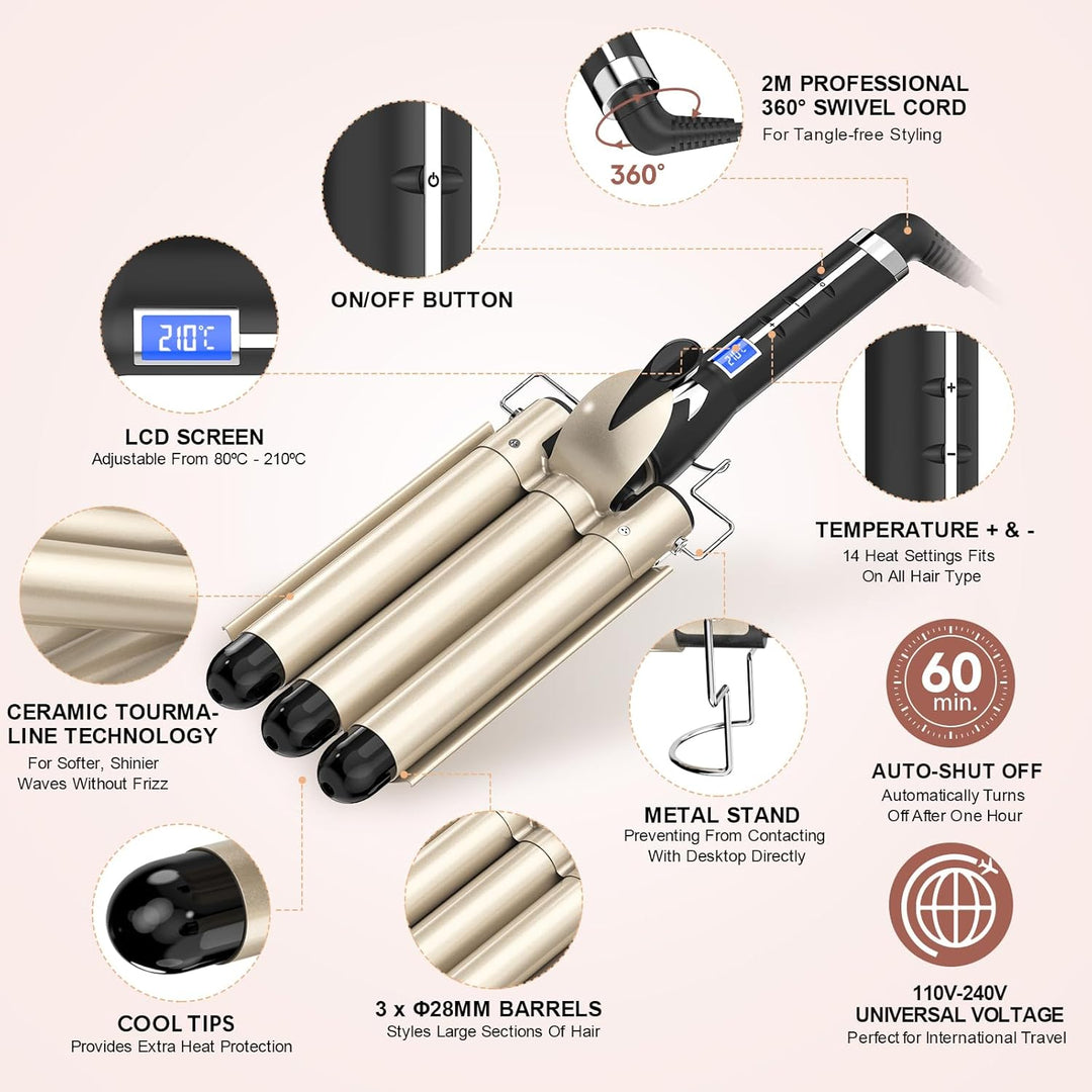 Lockenstab 3 Fässer Welleneisen DEEPWAVES Φ28mm, AIMERVO Waver LCD 14 Temperaturstufen 80-210℃, für