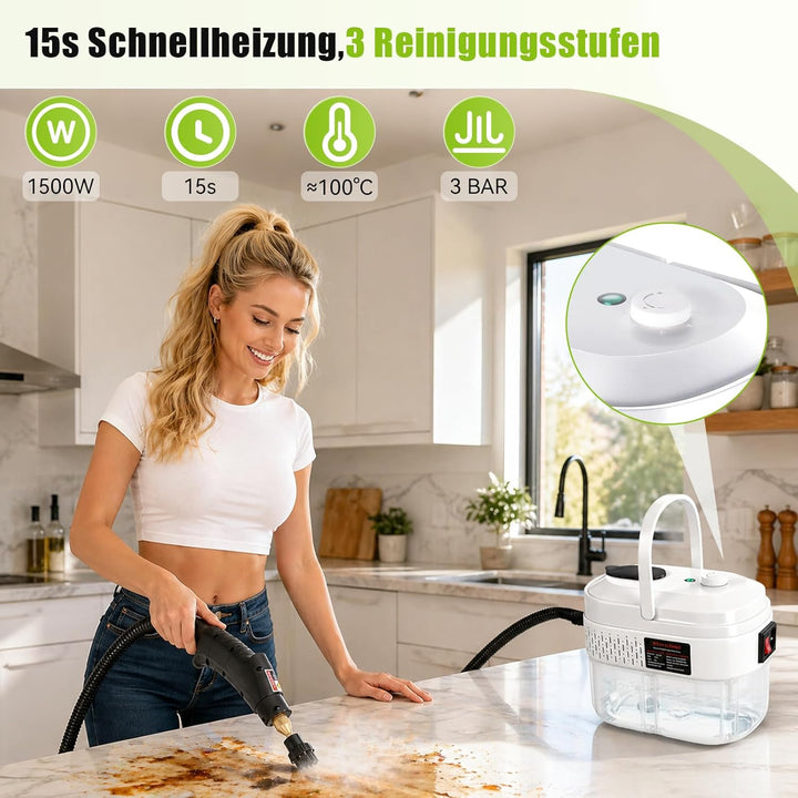Dampfreiniger Handgerät für Alles, 3-stufig einstellbarer Dampfreiniger, mit 14 Zubehör, 15 Sekunden