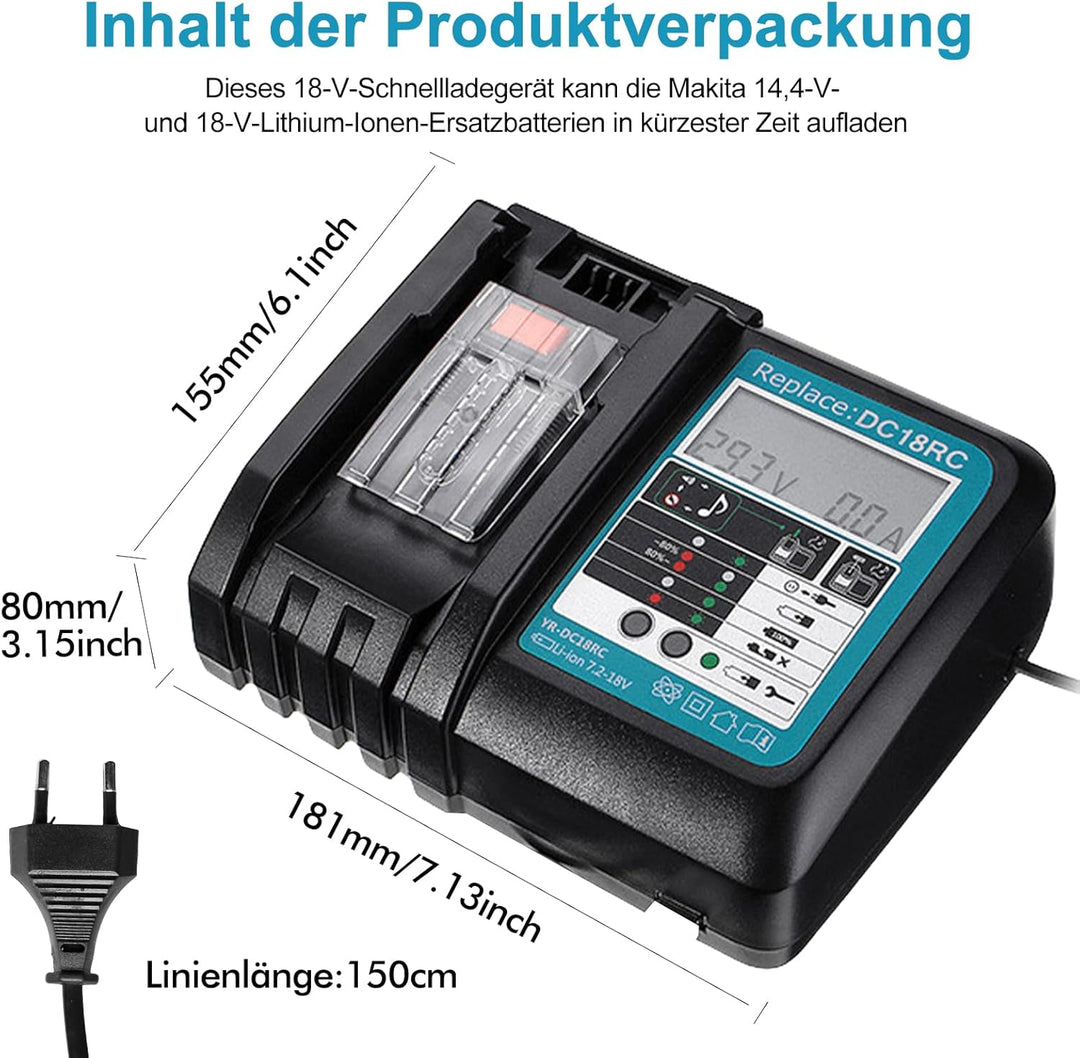 Akku 18v Ladegerät DC18RC Schnellladegerät Kompatibel mit Makita 14,4 Volt und 18 Volt Li-Ion Ersatz