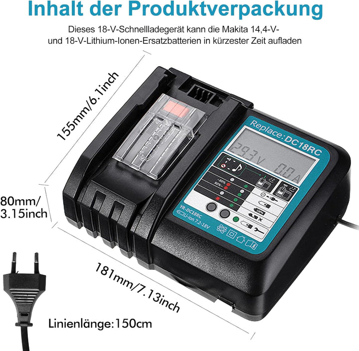Akku 18v Ladegerät DC18RC Schnellladegerät Kompatibel mit Makita 14,4 Volt und 18 Volt Li-Ion Ersatz